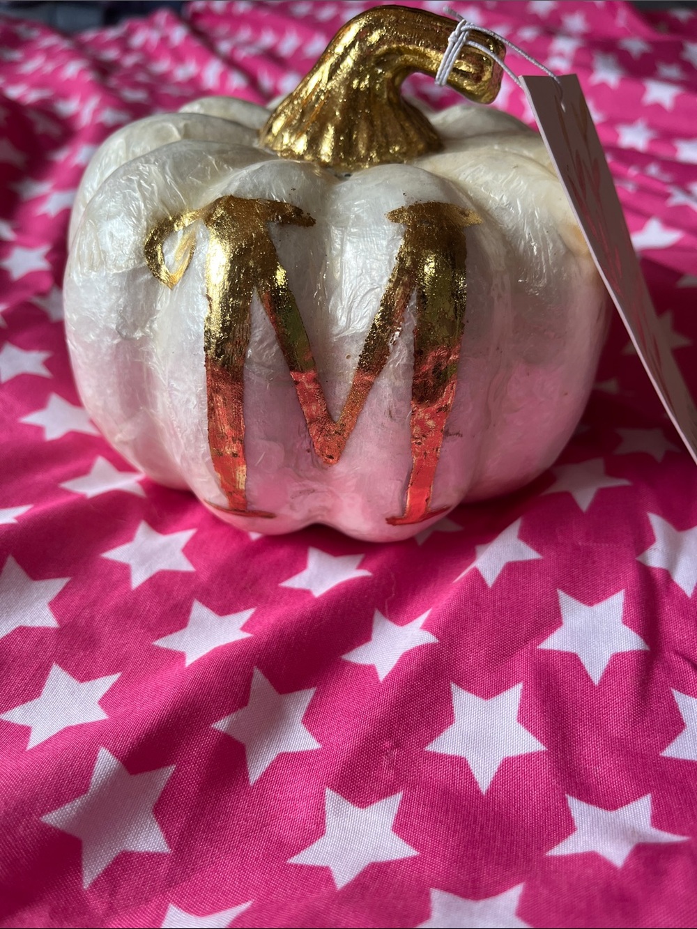 White and Gold Monogram Pumpkin Accent - Letter M